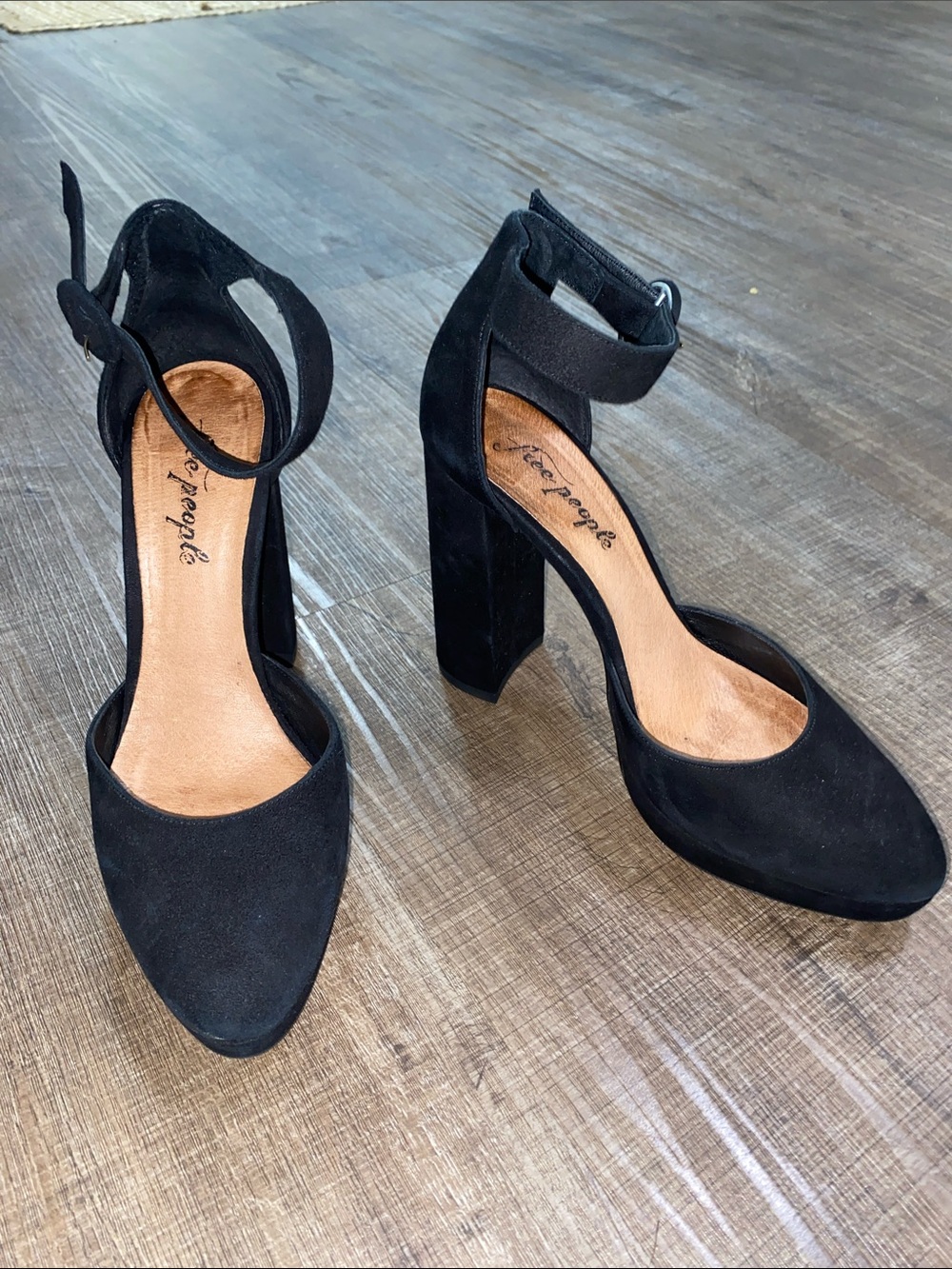 Free People Black Suede Pointed-Toe Ankle Strap Block Heels